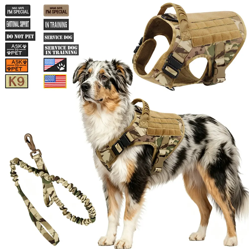 Tactical Dog Harness Set with Leash and 12 Patches Adjustable service dog harness Suitable for German Shepherds and Golden Retrievers for outdoor hunting and training Nylon Material