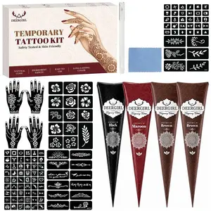 Deergirl Henna Temporary Tattoo Kit, 7 Colors Natural Henna Cones with 200+ Reusable Henna Stencils, Professional Temporary Mehndi Tattoo Supplies for Women, DIY Hand Body Art Tattoo Sticker Set for Festival Wedding Party, Arm Temporary Tattoos