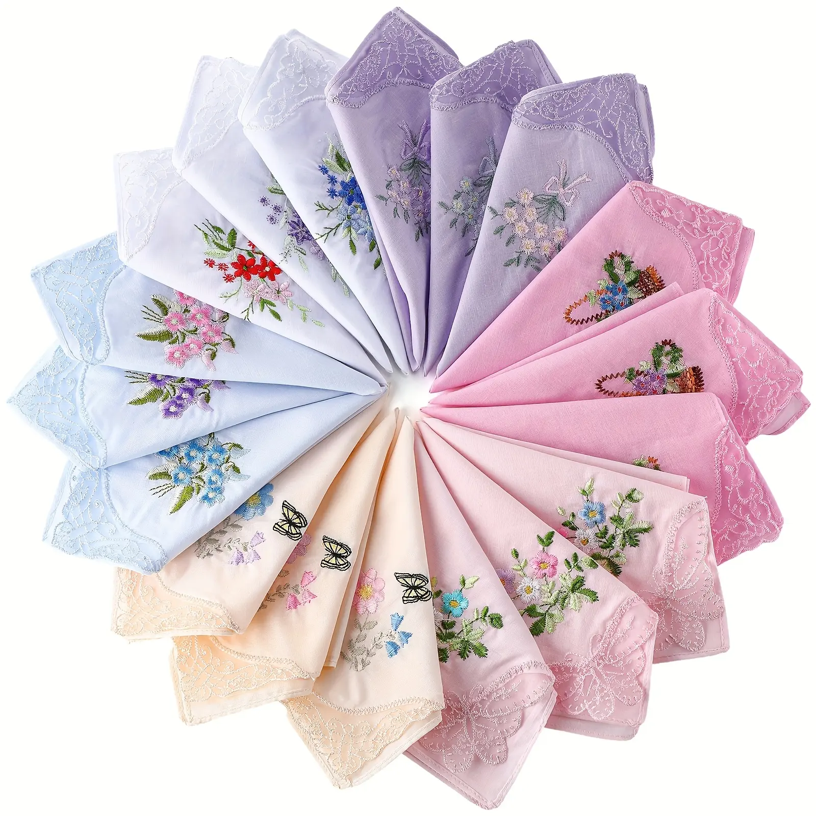 18pcs Colored Flower Embroidered With Lace Embroidered Handkerchiefs Ladies Handkerchiefs For Women
