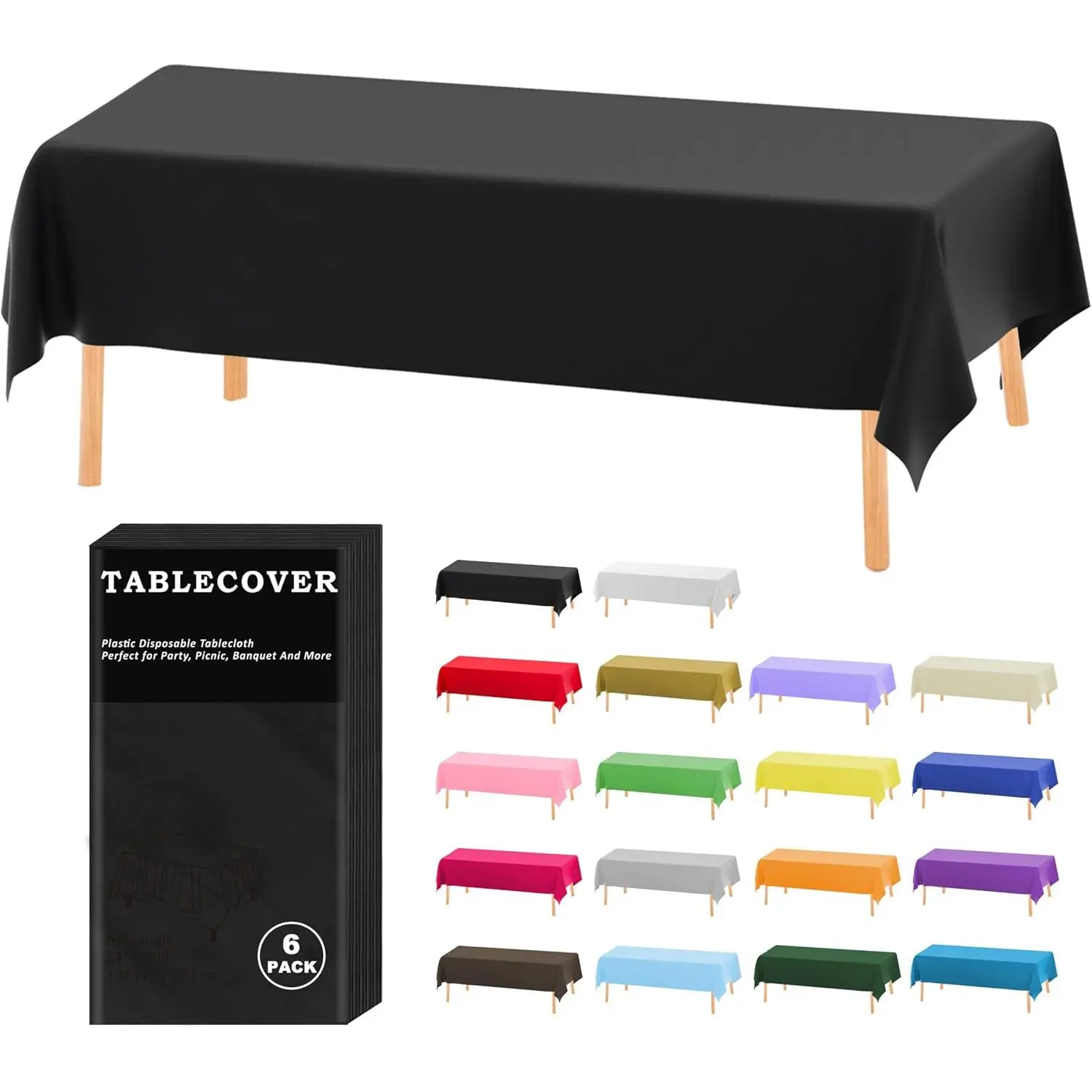 PEVA Plastic Disposable Tablecloth, 6-Pack Black Solid Hue Rectangle Table Covers (54x108 in) - Individually Wrapped for Indoor-Outdoor Party, Wedding Use