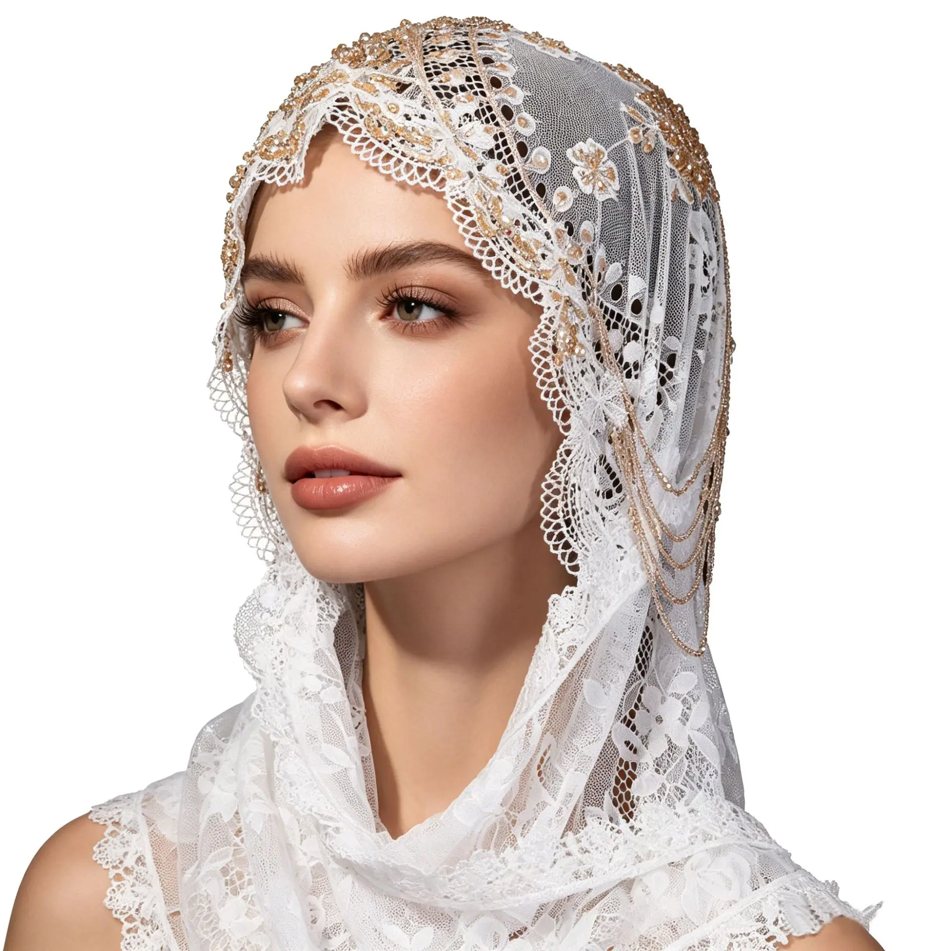White Lace Headband Cap - Gold Beaded Chain, Draped Turban, Scalloped Veil, Floral Embroidery, Universal Size Elegant Bridal Modest Hair Cover (Sports Headband Accessory)