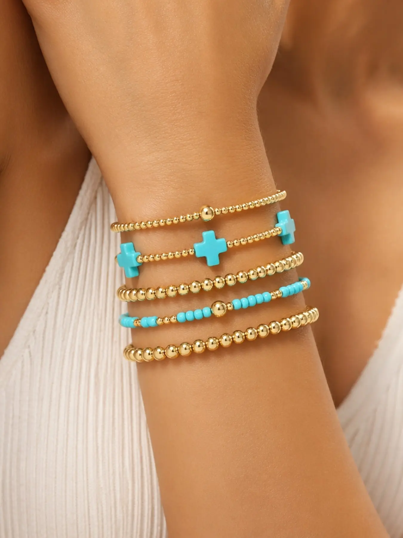 5pcs Stackable Beaded Bracelets Gift Box Light Blue Seed Bead Glossy Gold Ball Spliced Wrist Bands For Girls Beach Shopping Daily Outfit Elastic Alloy Bead Trendy Aesthetic Holiday Gift Jewelry