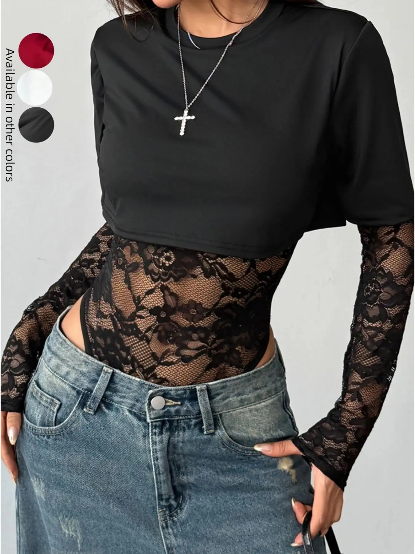 Personality Pure Crewneck Short-sleeved Ultra-short High-waisted T-shirt Lace Long-sleeved Base Lace T-shirt