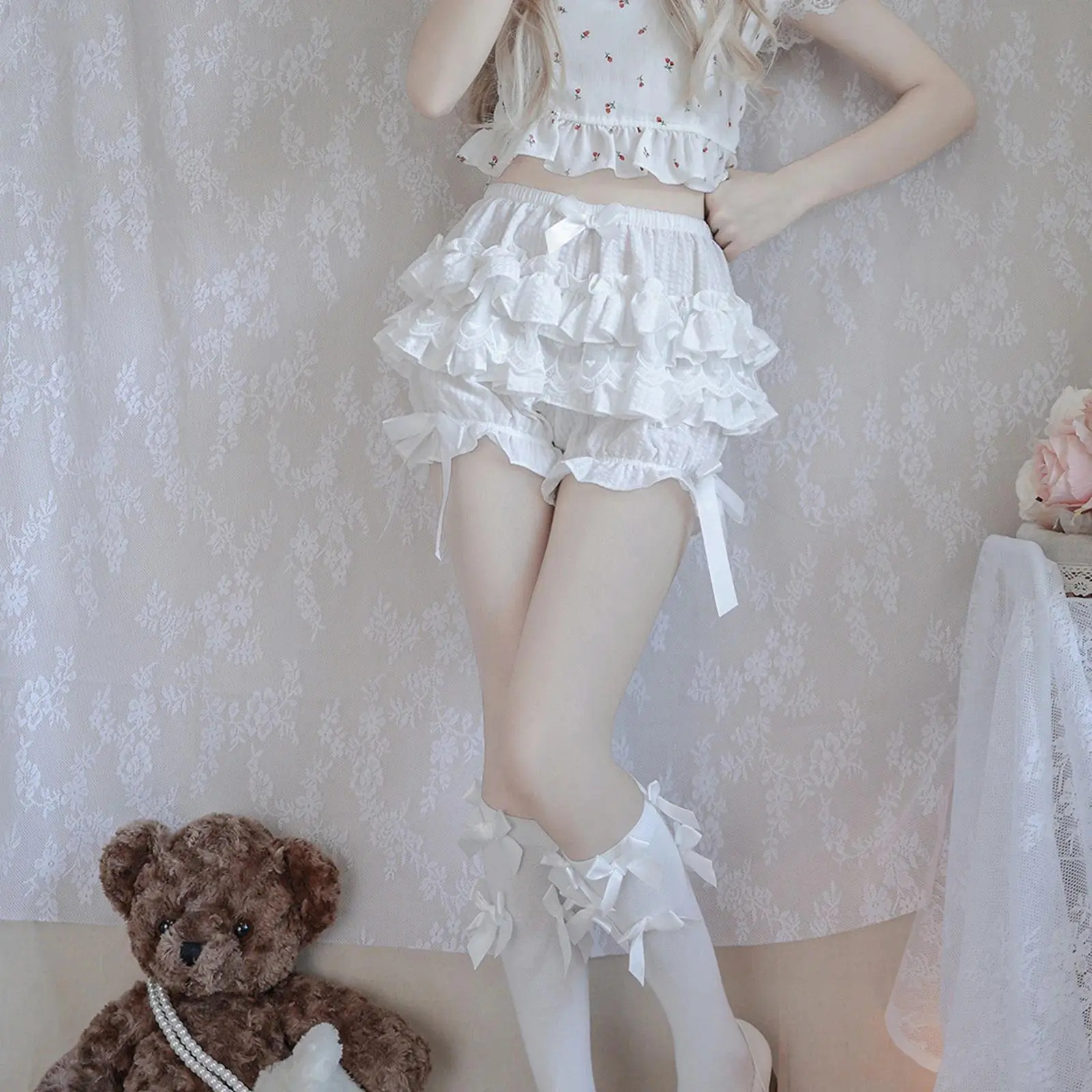 Bowknot Frilly Lolita Safety Shorts Pants Women Girls Black White Lace Ruffle Knickers Kawaii Pumpkin Panties Victorian Bloomers