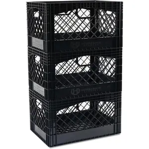 Stackable 3 Pack 24 Quart Heavy Duty Black Plastic Milk Crates for Kitchen Commercial Garage Totes 19" L x 13" W 11" H