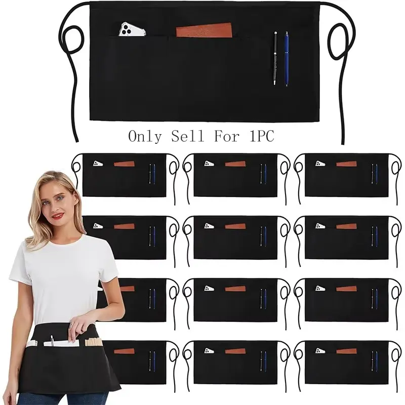 Waist Apron, Kitchen Half Apron, Bistro Waiter Server Apron, Restaurant Home, Aprons With Pockets, 3 Pockets, 100% Polyester, 1pc
