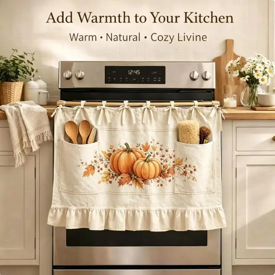 Linen Oven Skirt Curtain, Hand‑Printed Farmhouse Ruffled Appliance Cover With Storage Pockets, Rustic Cottagecore Kitchen Decor, Multi‑Purpose Dust‑Proof Curtain For Oven, Dishwasher, Kitchen Cabinet, Apartment & RV Home Decoration