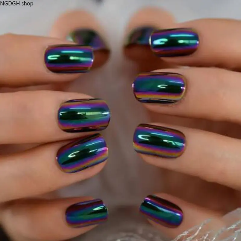 Rainbow Nails - Holographic Chrome Press On Nails, Glitter Aurora Short Square Glue On Nail Kit for Women Festival Glam Daily Manicure
