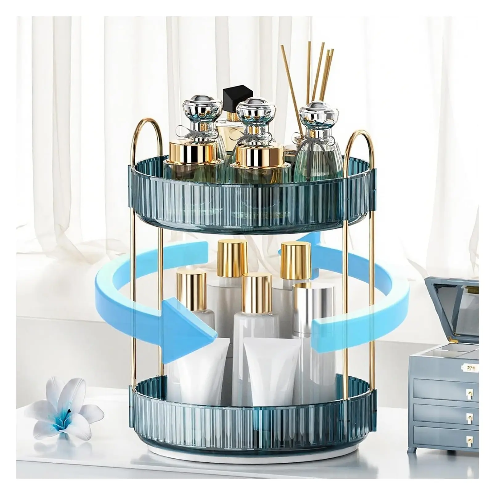 360° Rotating Makeup Organizer, Large Capacity 2-Tier Vanity Countertop Storage Rack for Cosmetics, Perfume & Skin Care (Blue)Gift