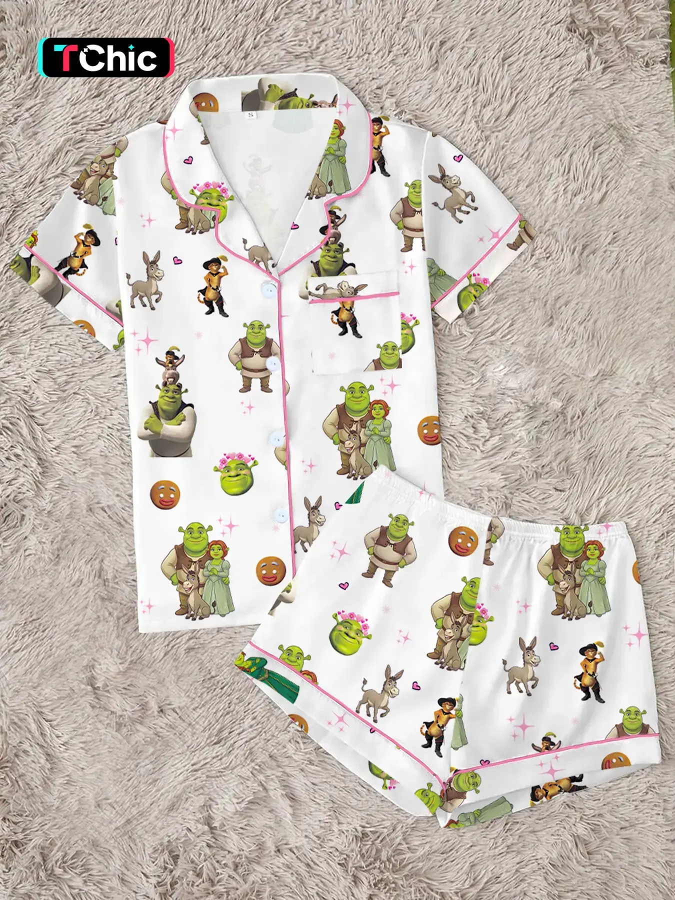 Y2K Nostalgic Fairy Tale Ogre Pajama Set | Funny Green Monster & Friends Graphic Sleepwear | Soft Short Sleeve Button Down Lounge Outfit | Quirky 2-Piece Summer PJs | Novelty Meme Nightwear | Loungewear Knit