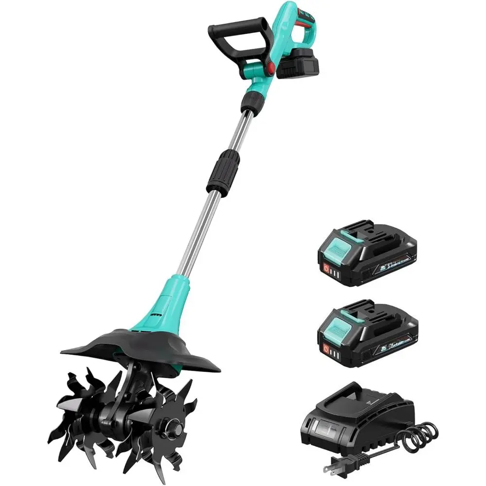 Cordless Electric PVC-Metal Tiller for Gardening & Raised Beds, 360 RPM Battery-Powered Mini Cultivator with 2×2.0AH Batteries, 6 in Depth, Covers Up to 9 in Width, Adjustable Grip, Dual Safety Switch