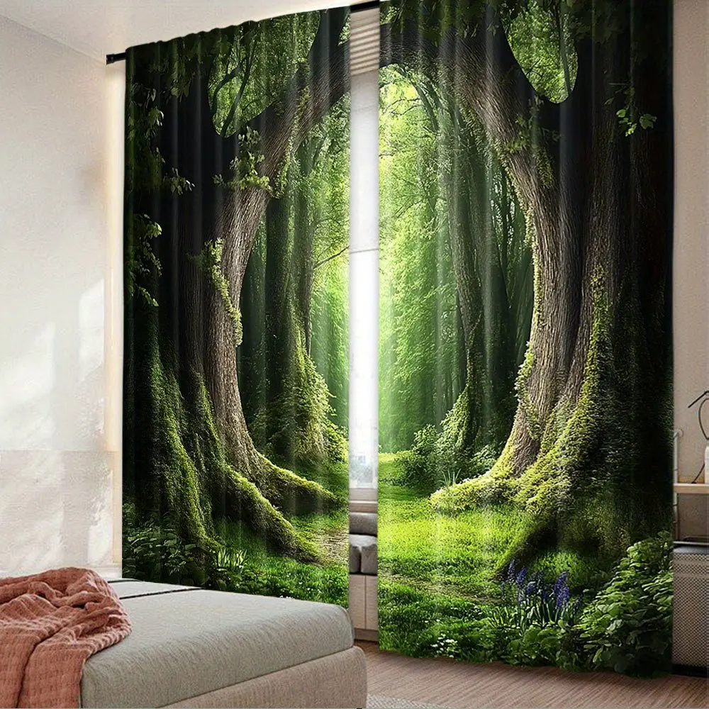 2 pieces of green forest curtains with tropical ancient trees, dense forest, rainforest, and scenery aesthetic design, suitable bedrooms, 29.53X 65.35inch, 41.34X 90.55inch, 51.18X 82.68inch household use ceiling track system