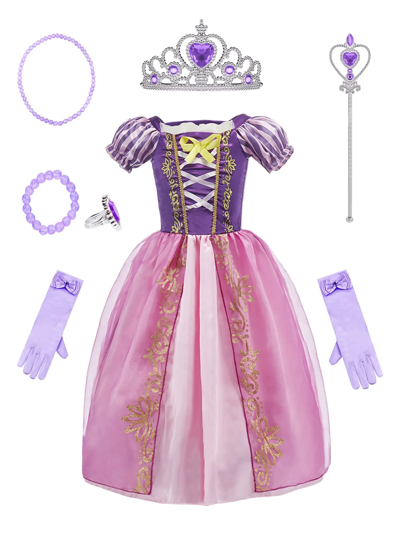 Girls' Long Hair Princess Dress Set, Rapunzel Style Birthday Gown, Complete Party Costume with Accessories, 7-Piece Kit for Kids, Costume for Parties