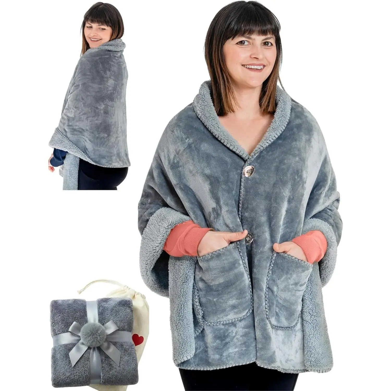 Premium Sleeveless Double Layer Sherpa Poncho Blanket, Grey - Easy On/Off Comfort with Arm Freedom, Perfect Gift for Moms, Grandmas & Elderly Women