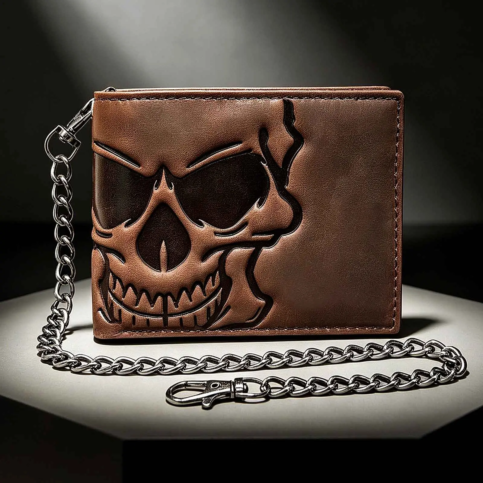 Skull Biker Wallet For Men With Chain Leather Card Holder Pocket Purse