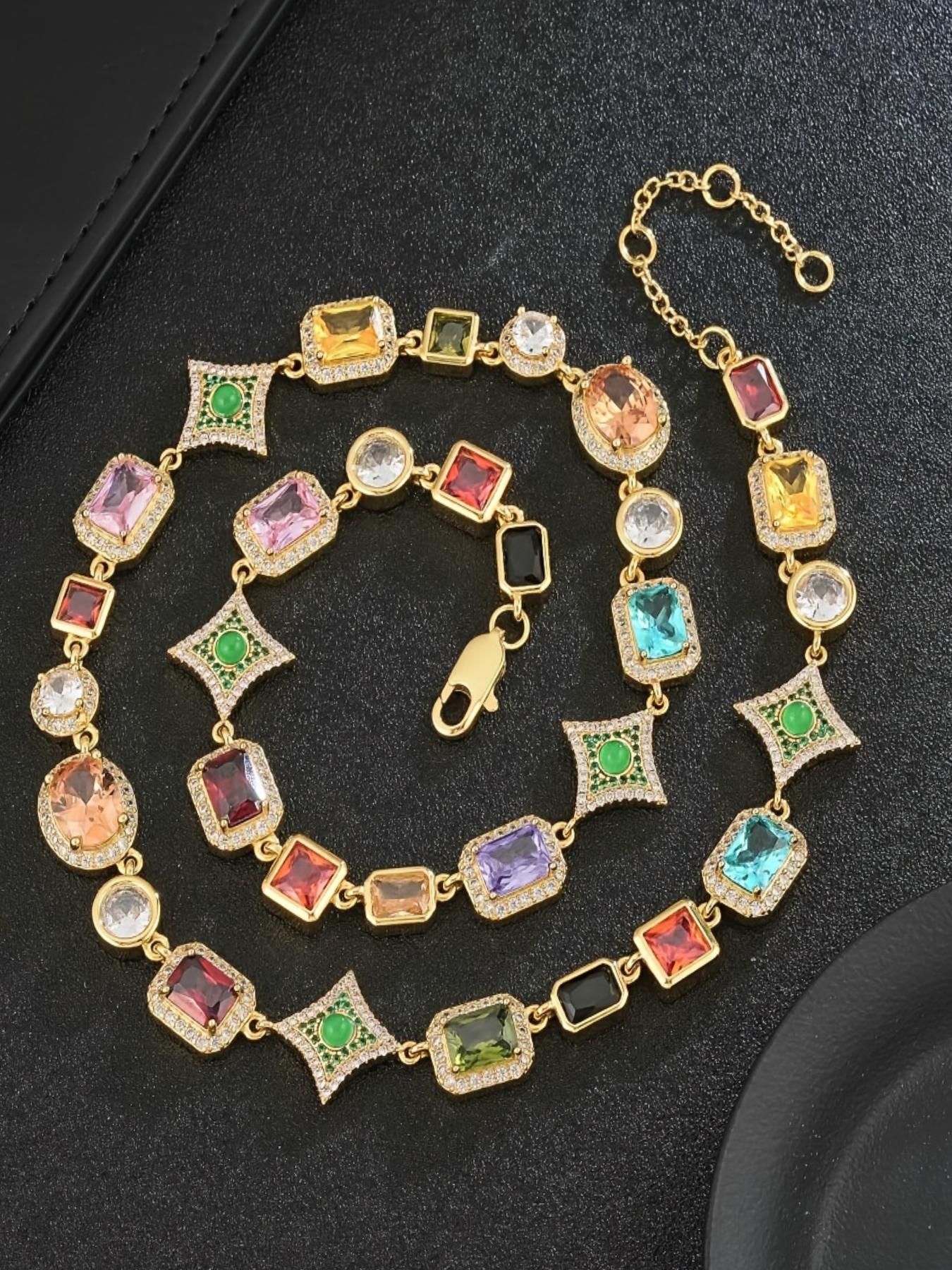 Vintage Colorful Stone Decorated Necklace, Elegant Zircon Stones Necklace for Party, Daily Clothing Decor, Trendy All-match & Exquisite Jewelry for Birthday Gift, Fashion Jewelry Accessories, Multicolor Gemstone Decorated Pendant Chain, Gemstone Necklaces