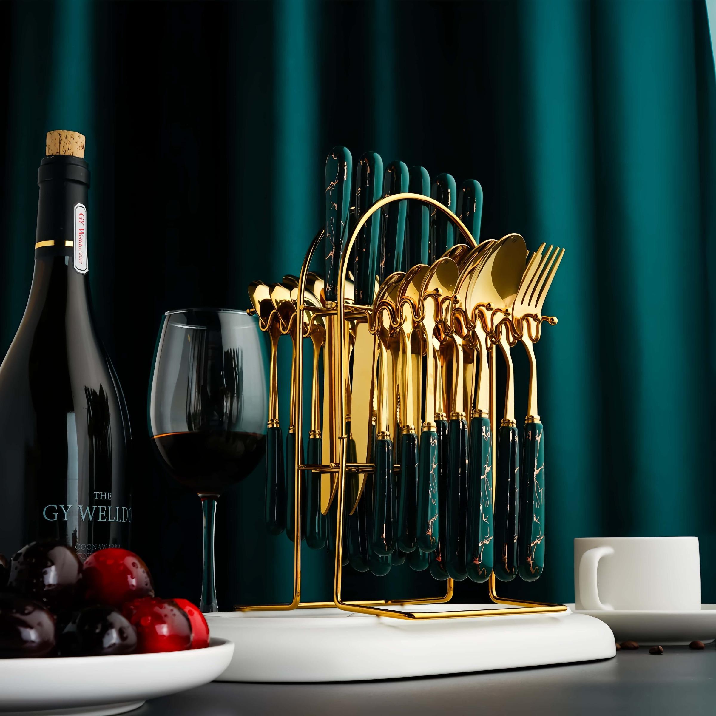 Modern Stainless Steel Cutlery Set with Holder, 24pcs/set Including Knives, Forks, and Spoons, Tableware Set for Home Kitchen Dining Room, Utensils