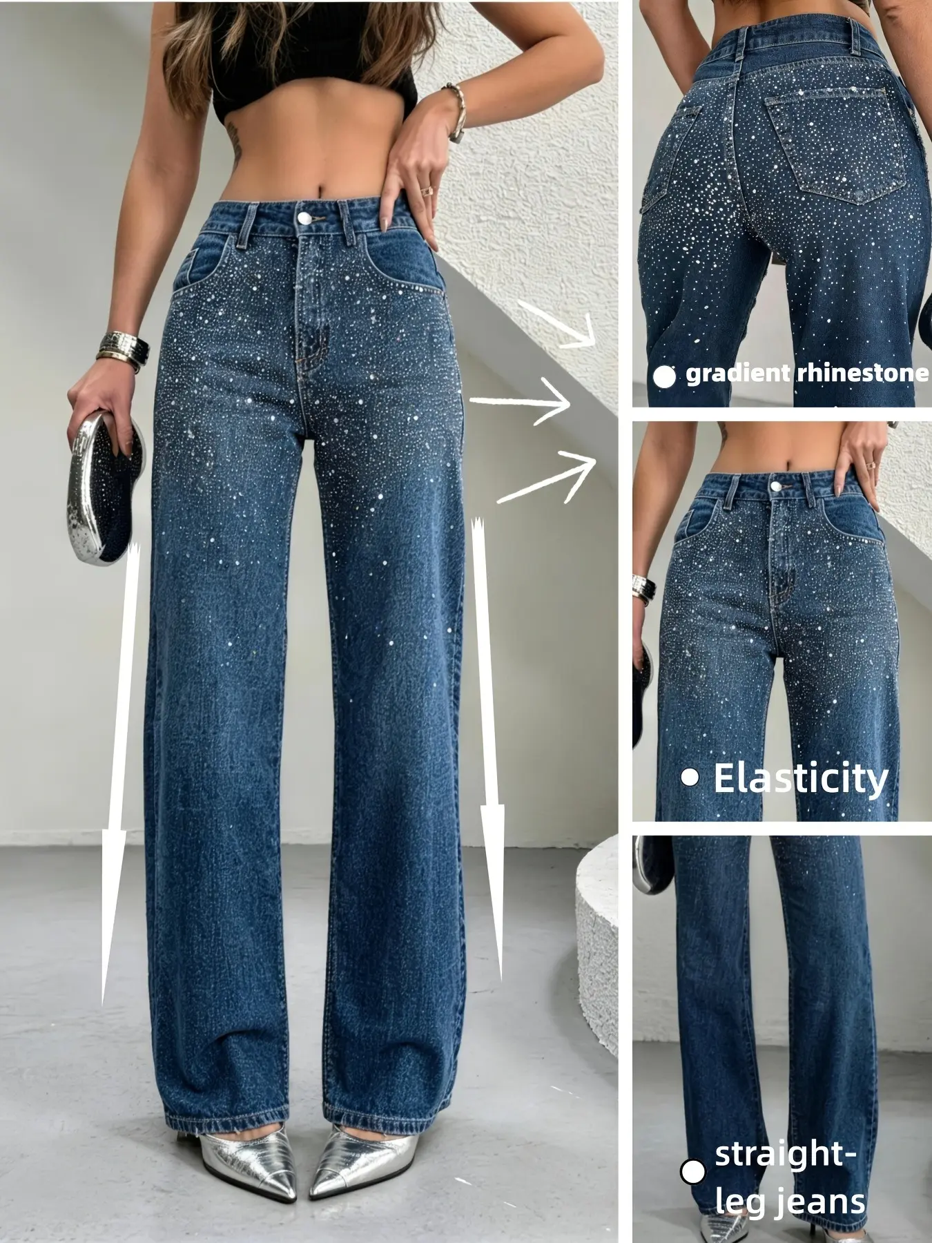 2026SS standard women's loose baggy jeans with gradient hot stamping, collision of retro denim and luxurious sparkling diamonds, full of sweet, cool and spicy girl style, suitable for various occasions such as dating, Pants