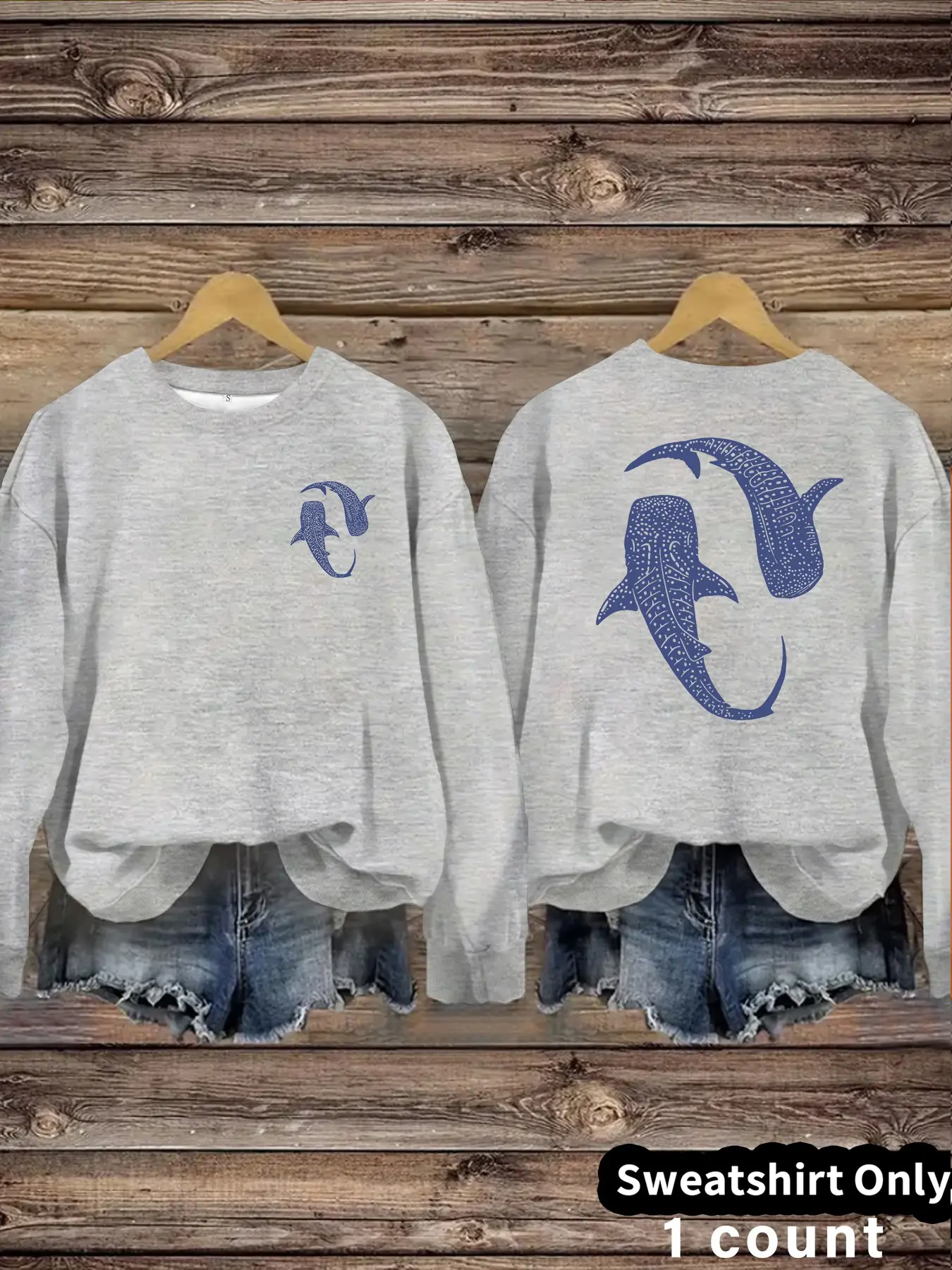 Women's Casual Fleece Sweatshirt, Deep Blue Shark Pattern, Round Neck, Long Sleeve, Comfortable and Stylish