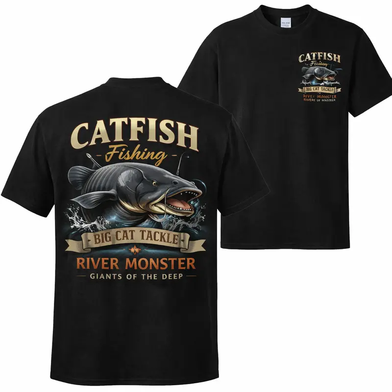 Men’s Catfish Fishing Breathable Short Sleeve Crew Neck T-Shirt - Simple, Stylish Menswear, Double-Sided Print Black Top, River Monster Big Cat Tackle Graphic, Vintage Angler Outdoor Casual Day Wear, Gift For Anglers