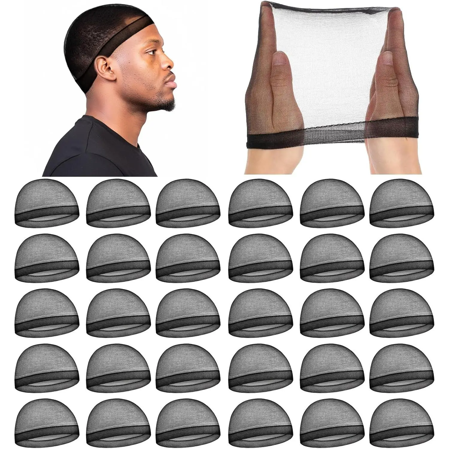 30Pcs Stocking Wave Cap for Men, Summer Stocking Caps Elastic Wig Cap Stretchy Hair Net, Adult Breathable Comfortable for Extended Wear, Black adhesive replacement tape transparent