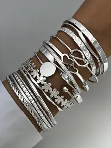 15-Piece Bangle Set, Elegant Floral Design, Adjustable Flower Open Bangle, Casual All-Season Jewelry, Perfect Gift for Women