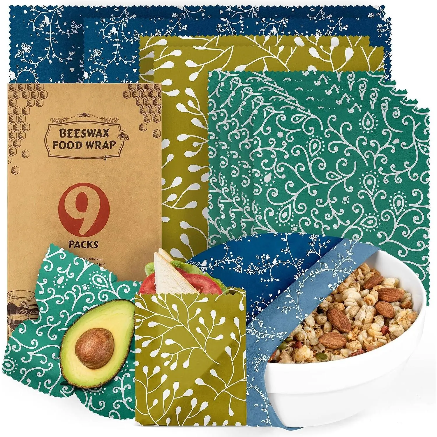Beeswax  Wraps -  9 Packs, , Plastic-Free  Storage, 5 Small, 2 Medium, 1 Large, 1  Wraps with Abstract Curves