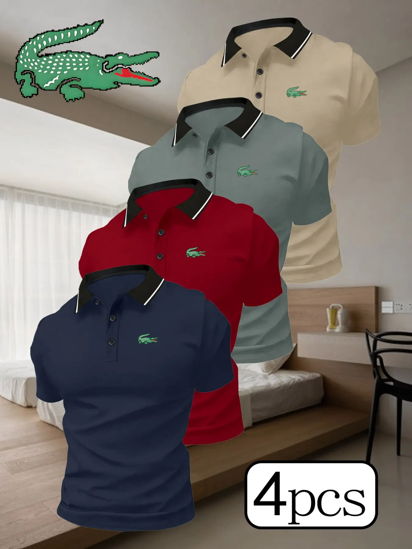 Men's Sporty Quick-Dry Polo Shirts, Athletic Top, 4-Pack with Alligator Print, Breathable Fabric, Durable and Stretchy, Comfortable Fit