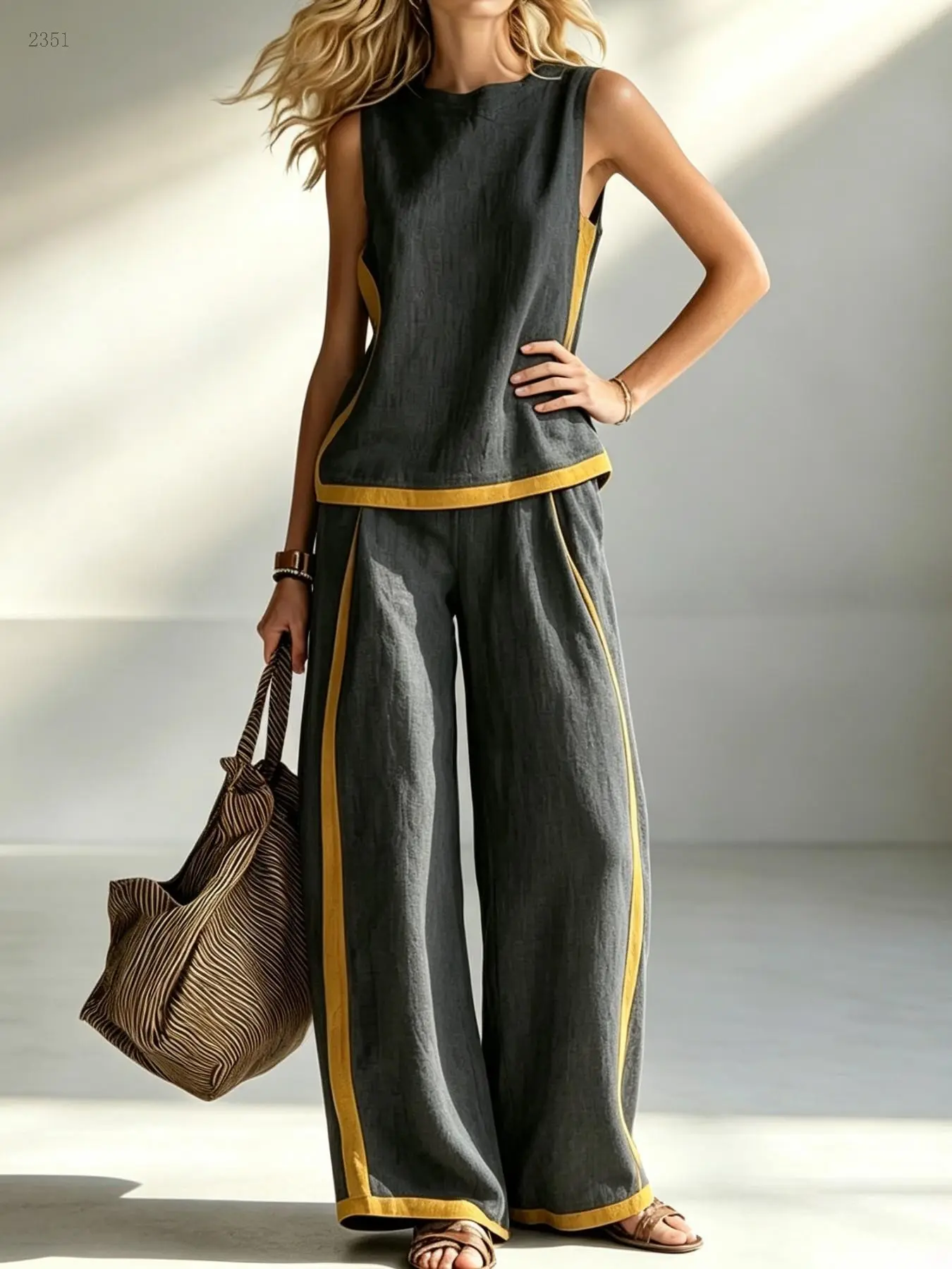 Summer Casual Style Loose Two-Piece Set for Women, Colorblock Sleeveless Top & Wide-Leg Pants, Lightweight Polyester Fabric, Comfortable and Stylish Outfit for Daily Wear