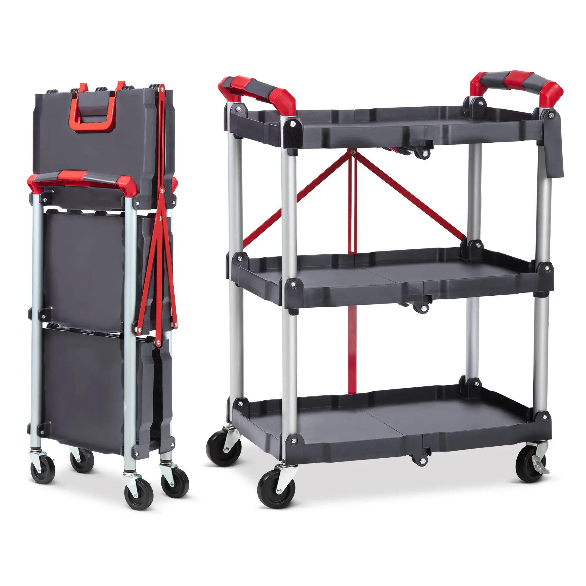 Garvee Foldable 3-Tier Utility Cart for Home & Office – 150 lb Capacity, 360° Rotating Lockable Casters, Ready-to-Use, Multi-Purpose Rolling Organizer