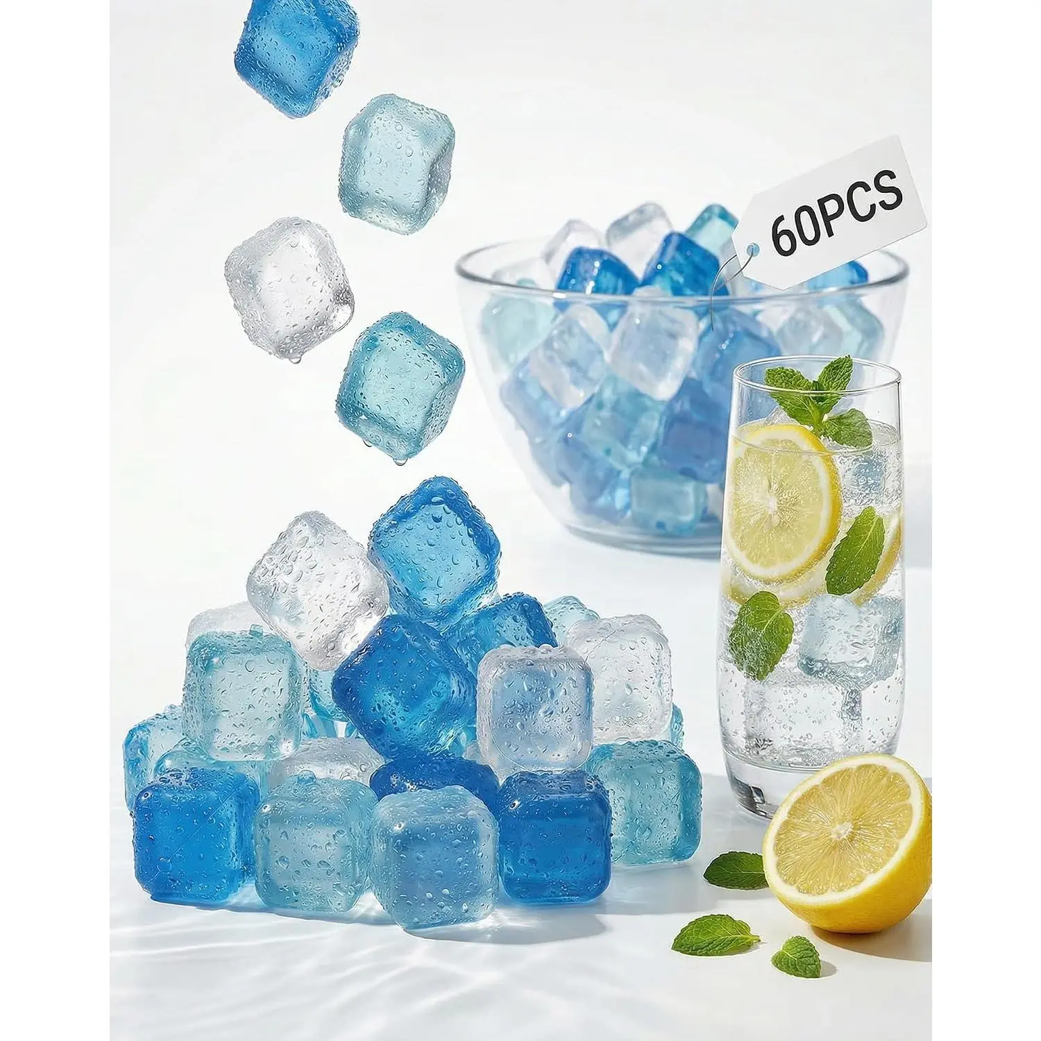 Ice Cubes for Drinks, Plastic, Refreezable Ice Packs for Lunch Boxes, Coolers, Party Hosts, Outdoor Ice Baths (60)