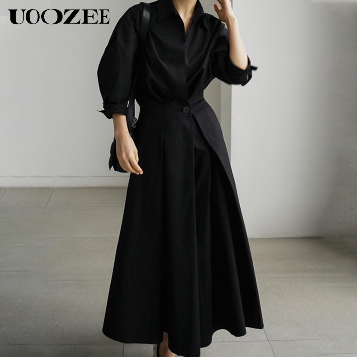 Women's loose solid color lapel mid-length dress, waist design, comfortable and elegant, a must-have for commuting and formal occasions Shirt Dress