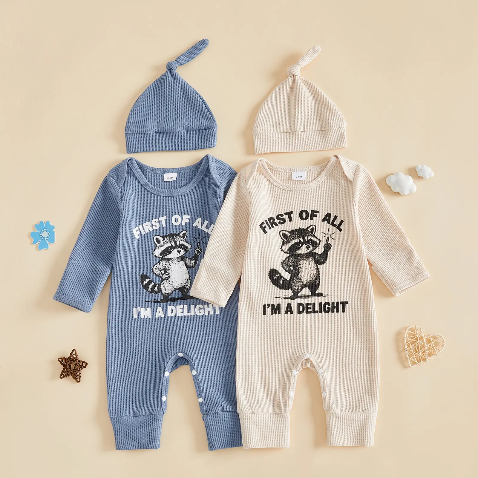 Newborn Baby Boy Jumpsuit and Hat Set Long Sleeve Racoon Print Romper with Cap Fall Winter 0-6 Months