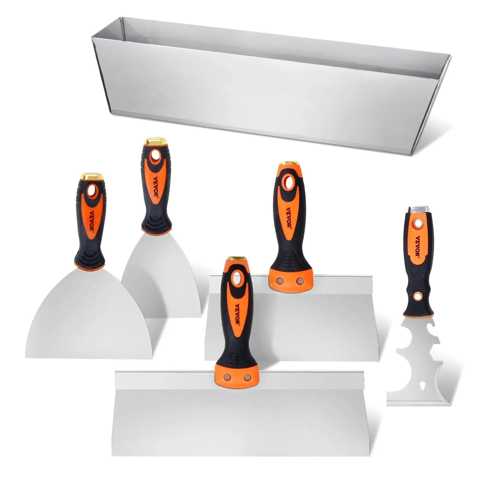 VEVOR Drywall Knife Set, 6 PCS Drywall Tools Includes 3" Painter Scraper, Two Putty Knives,  Two Taping Knives and 12" Mud Pan, Stainless Steel Spackle Tool, Drywall Finishing Tools for Home