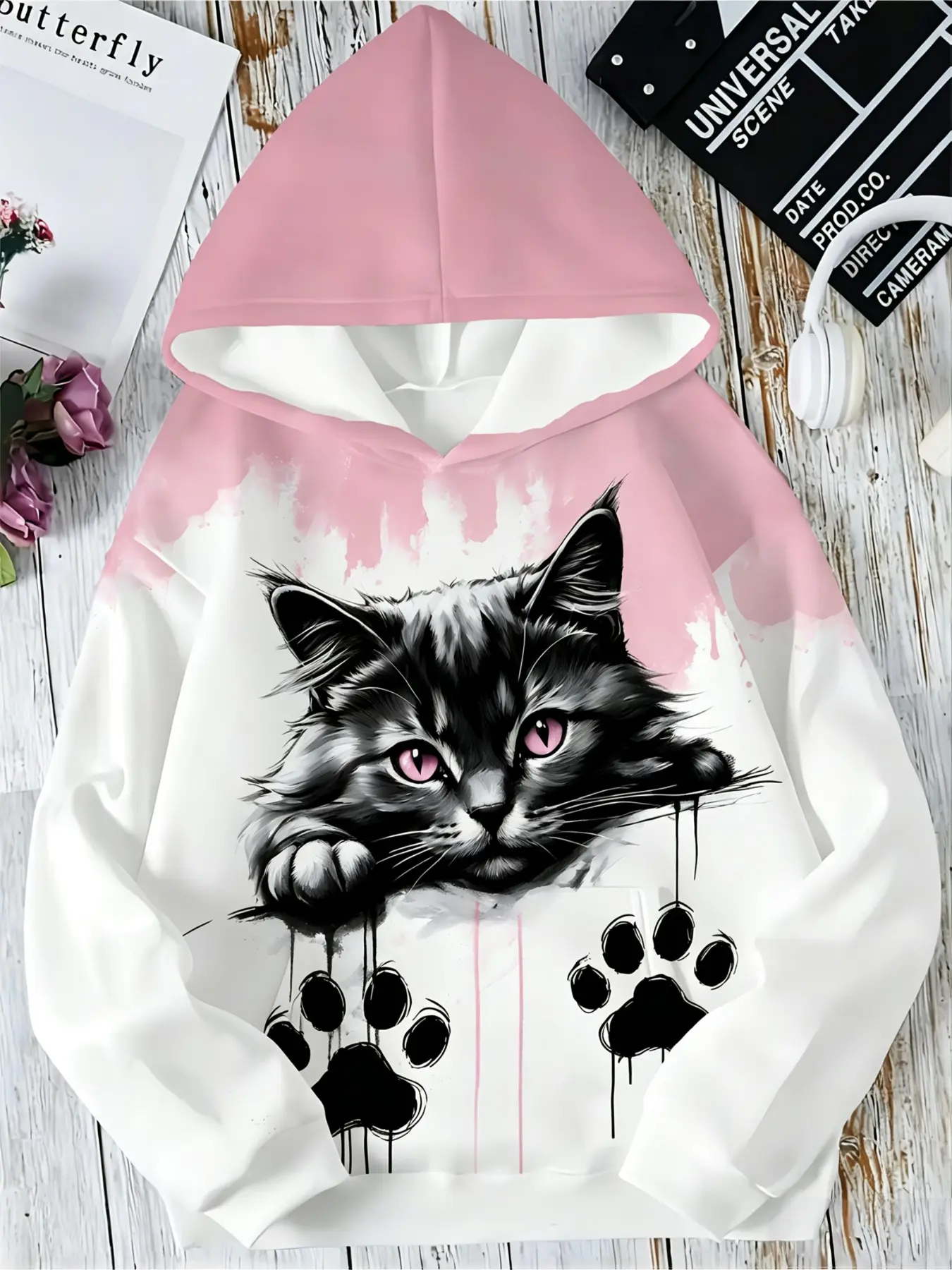 Women's Loose Casual Hooded Sweatshirt with Pockets, Cute Cat Pattern Print, Graffiti Background, Spring & Fall Fashion