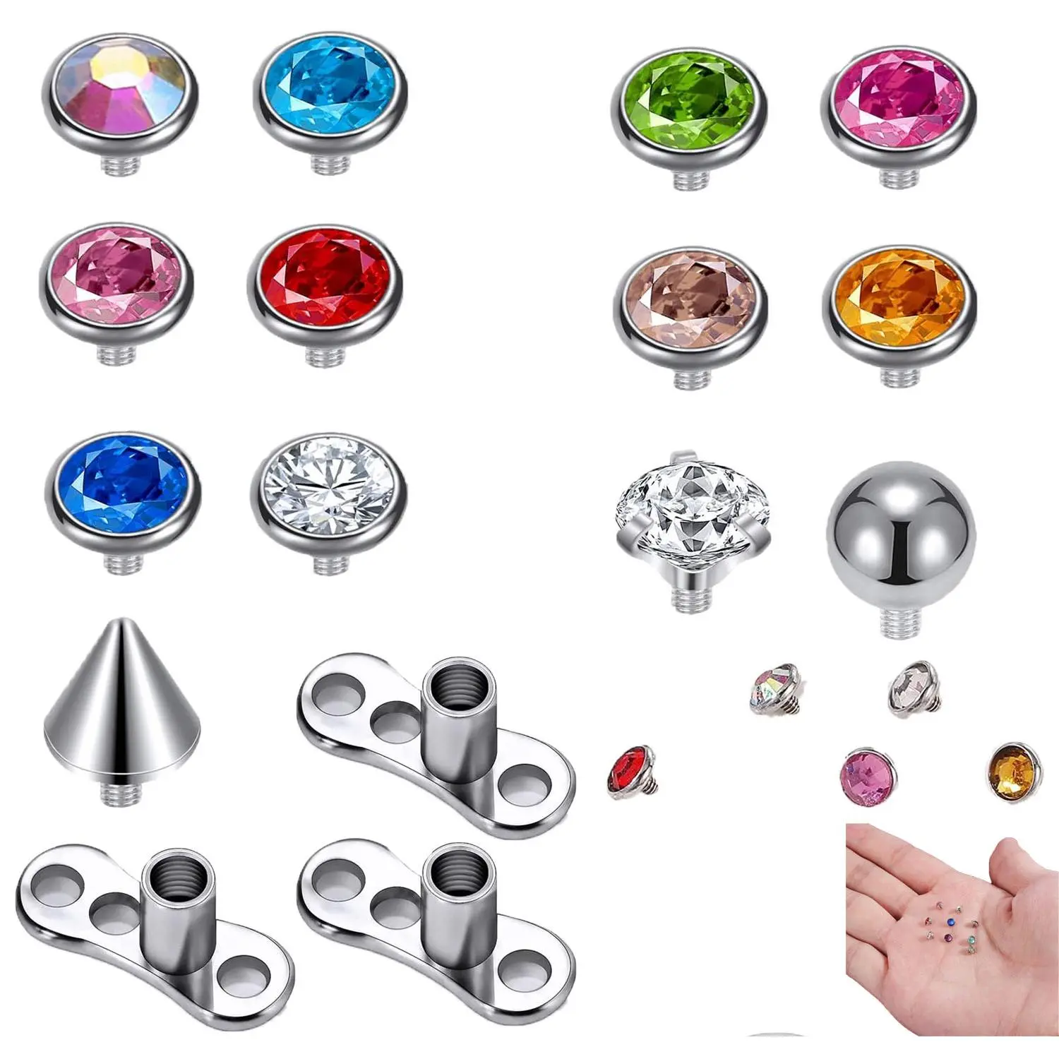 14/15 PCS Cubic Zirconia Dermal Anchor Tops & Base Set, 14G Surgical Steel Internally Threaded Microdermal Piercing Jewelry, 2mm 3mm 4mm Dermal Piercings for Women Men