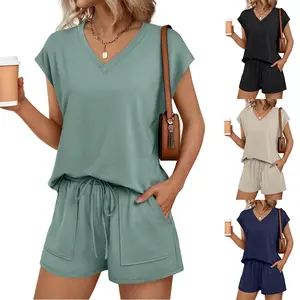 Women's V-Neck 2-Piece Outfit, Short Sleeve Top & Casual Shorts Set