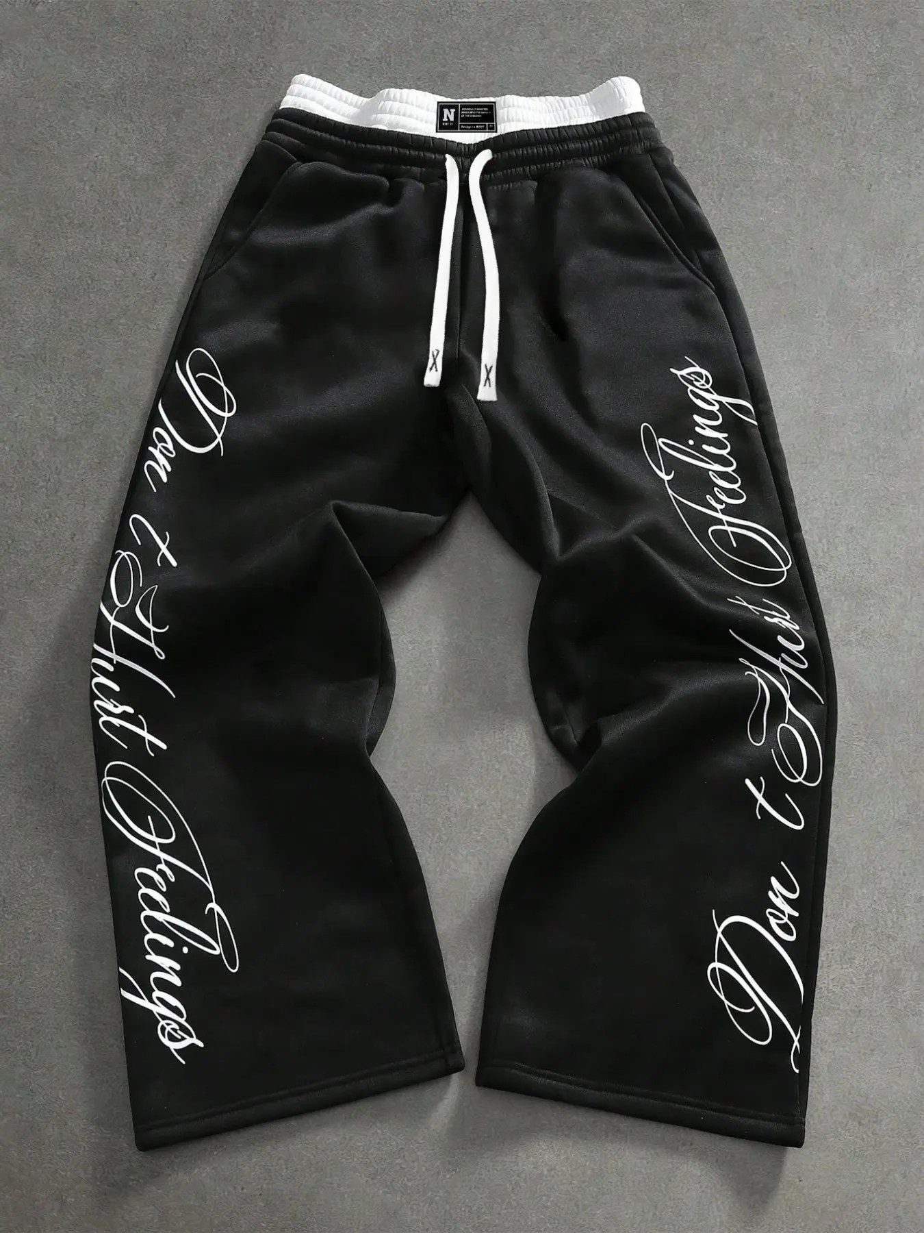 Men's Baggy Wide Leg Graphic Sweatpants with Cursive Text Print, Layered Double Waistband Drawstring Track Pants for Casual Streetwear & Skate Outfit