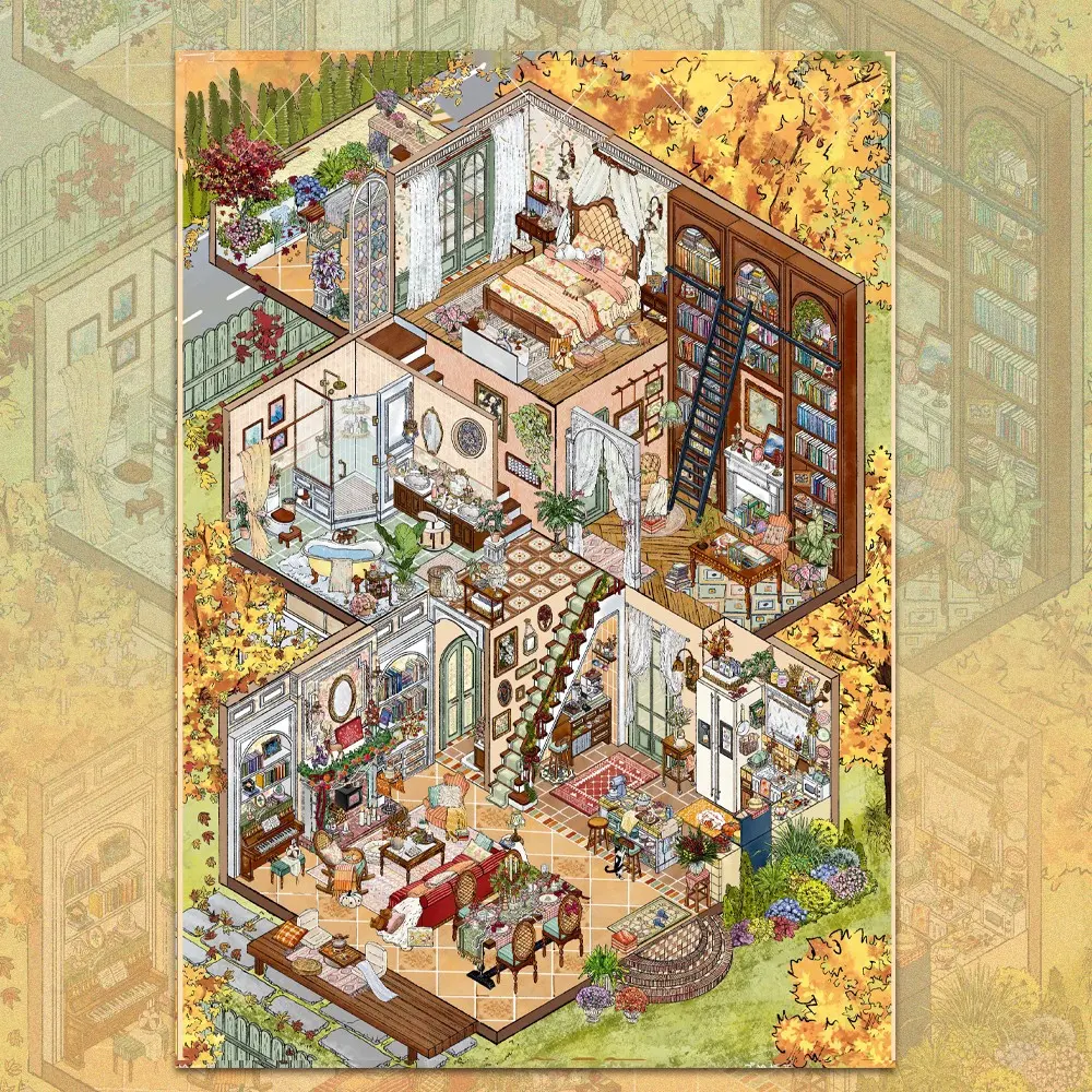 Autumn Apartment Scenery Stickers, Layered Sticker Sheets, Stackable Furniture, Seasonal Florals, Warm Textures, Junk Journals, Planners, Scrapbooks, Stickers For Scrapbooking
