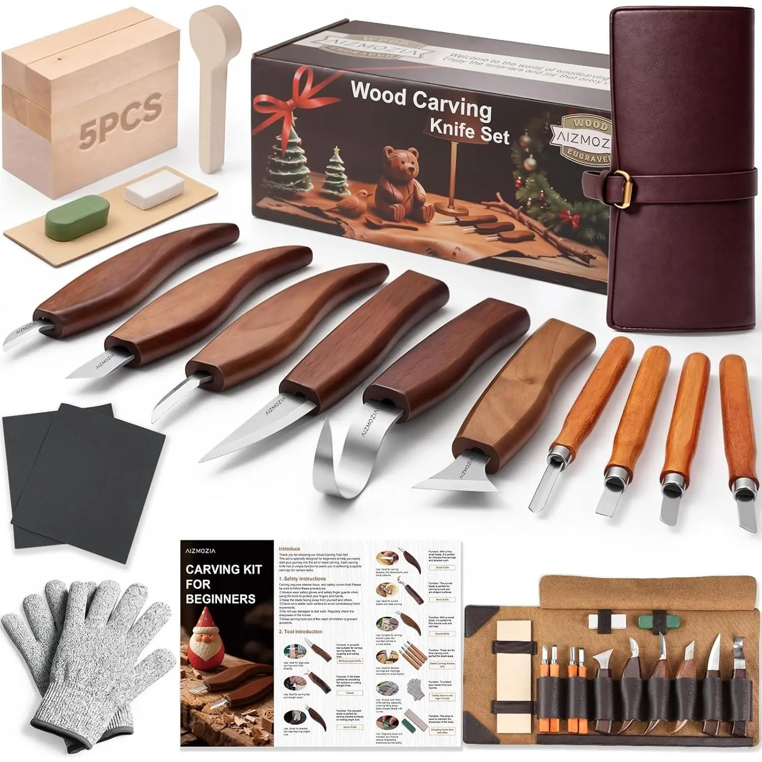 Wood Carving Kit for Beginners – 25pcs Whittling Knife Kit Wood Carving Tools with PU Leather Storage Bag, 10 Carving Knives, 6 Templates & Basswood for DIY Crafts