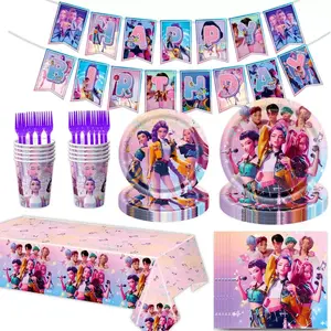 Girls Group Birthday party Decorating Tableware set, Birthday Party Kit, Includes Happy Birthday Banner, Plates, Cups, Napkins, And Tablecloth, Waterproof Disposable Table Cover, Singing Girl Theme Party Fans Birthday Gift For Girls