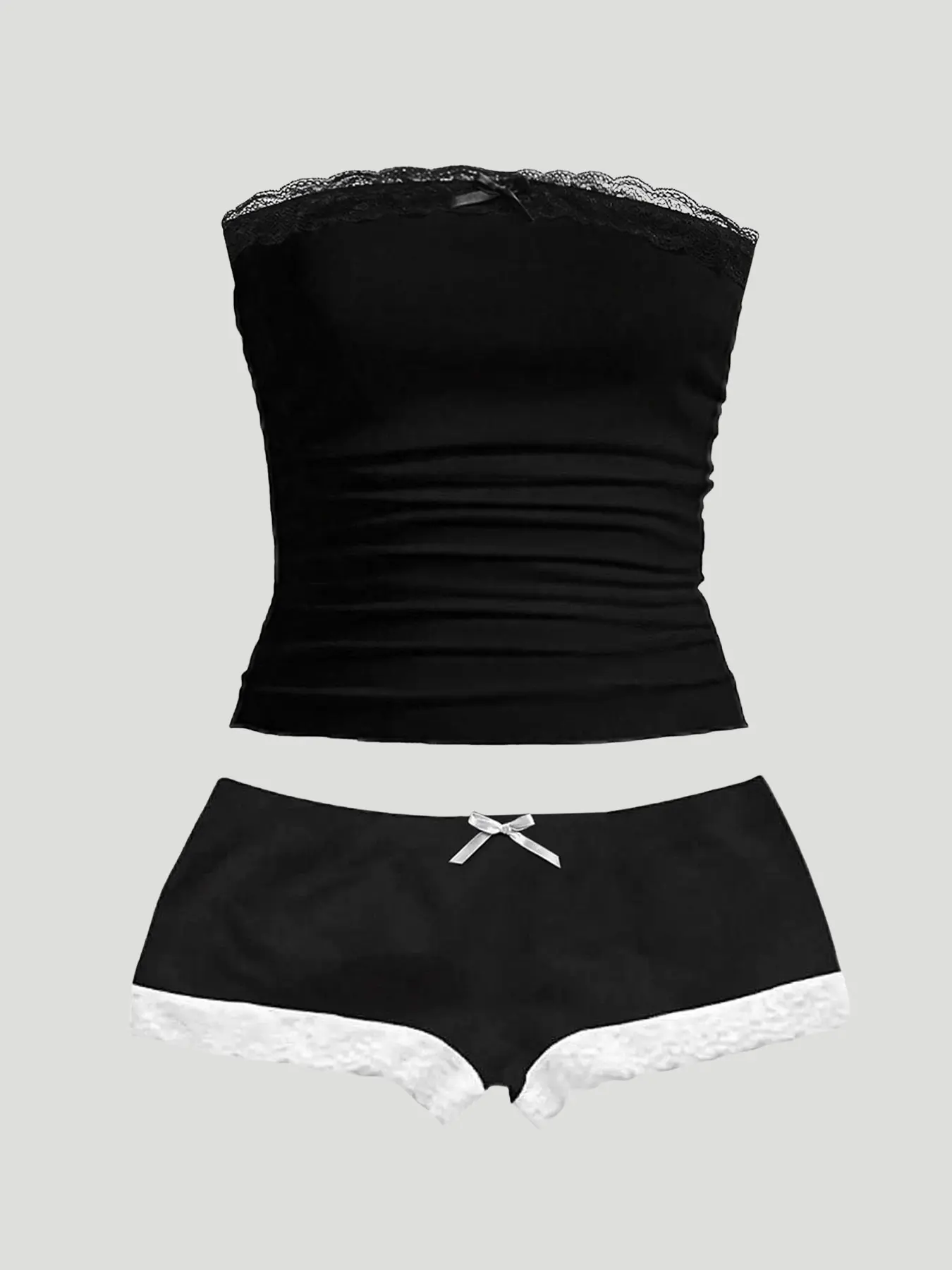 Women's Sweet Style Crop Top & Short Pants Set, Slim-Fitting Ruched Strapless Top, Colorblock Trimmed Shorts, Comfortable Innerwear, Bottoms