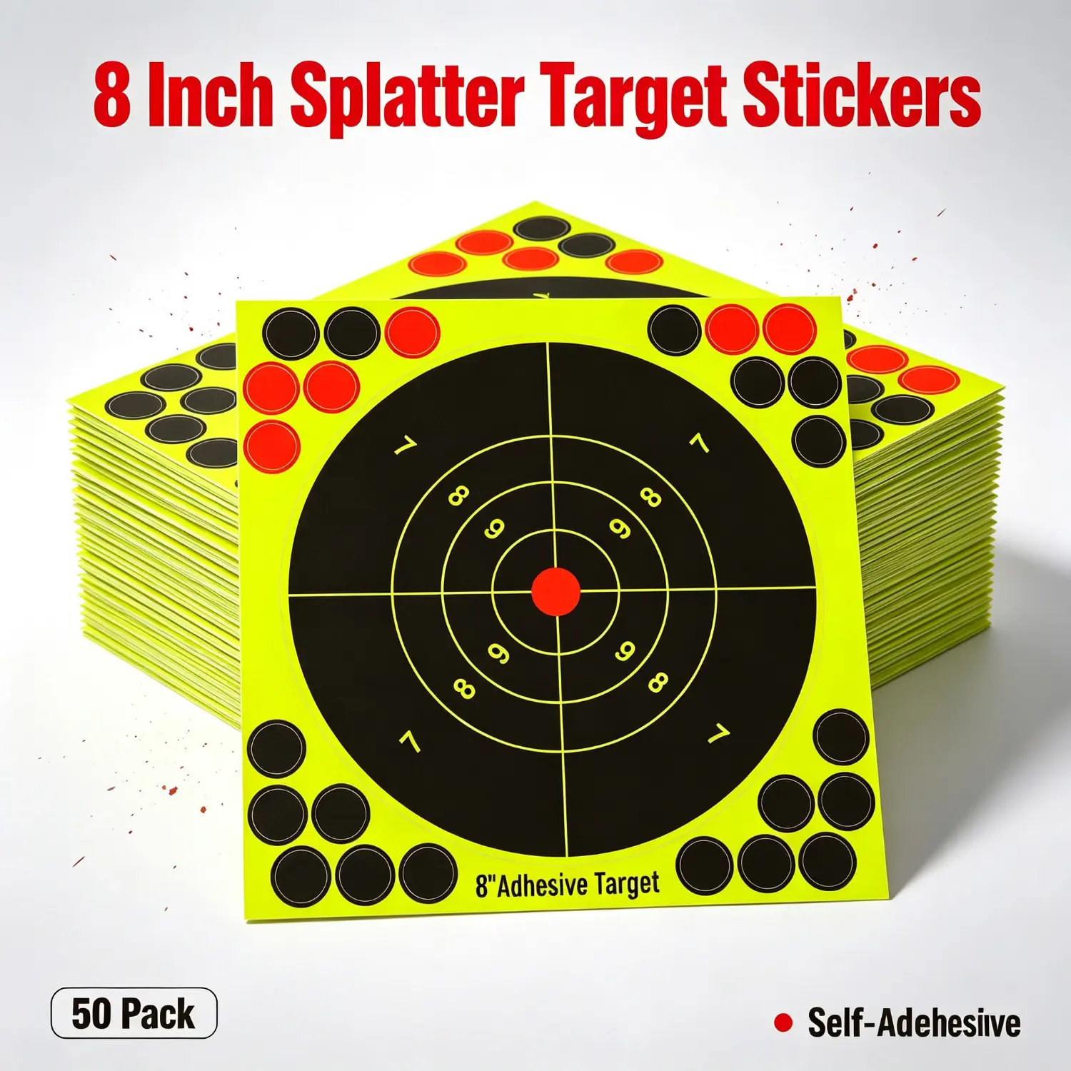 50 Pack, 8 Inch Splatter Self Adhesive Shooting Target Stickers, Square Reactive Splatter Targets for Archery Bow Airsoft BB Gun Practice, Bright Fluorescent Yellow Range Target Paper Sheets for Outdoor Indoor Shooting Training,