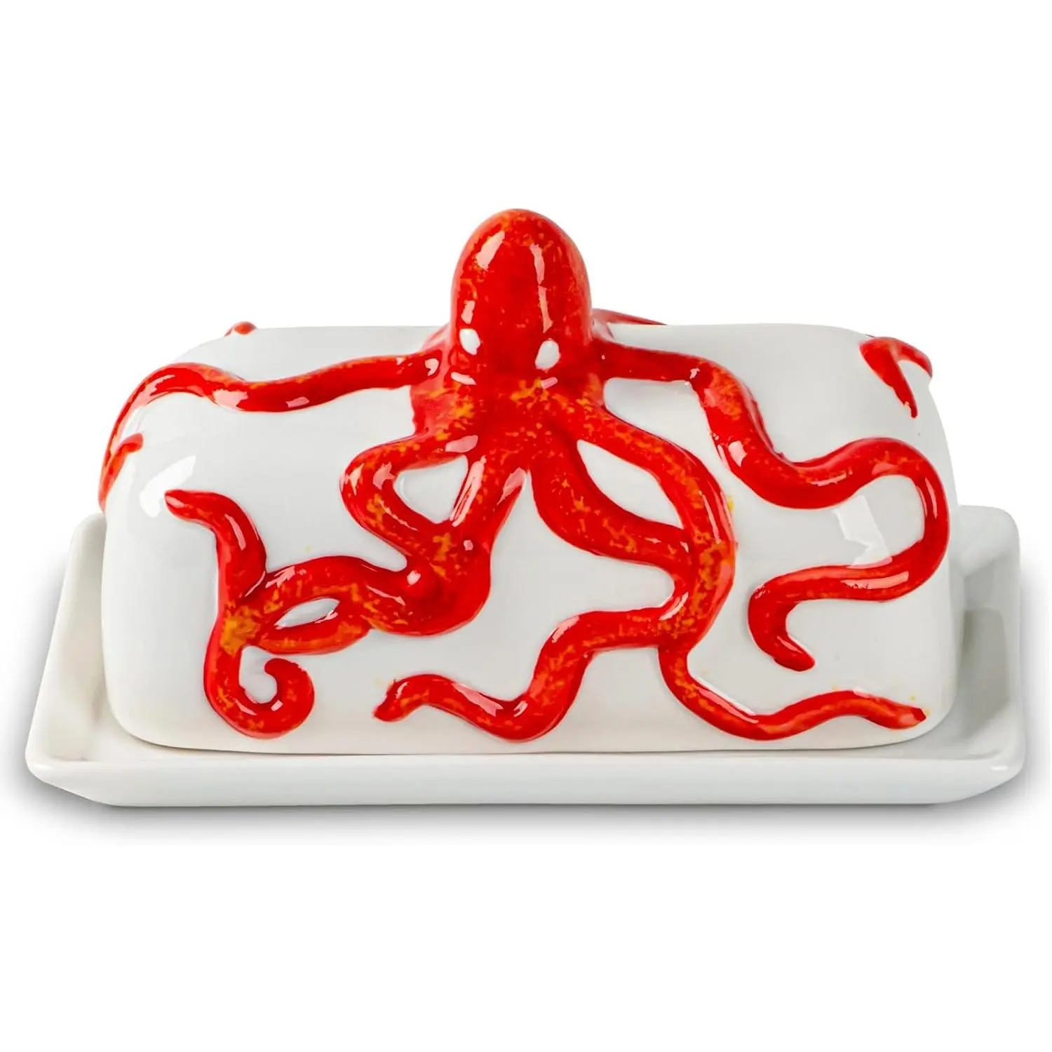 Red Octopus Ceramic Covered Butter Dish with Lid for Countertop & Fridge | Glazed ceramic butter dish with lid keeps butter sticks   countertops while adding whimsical red octopus coastal decor