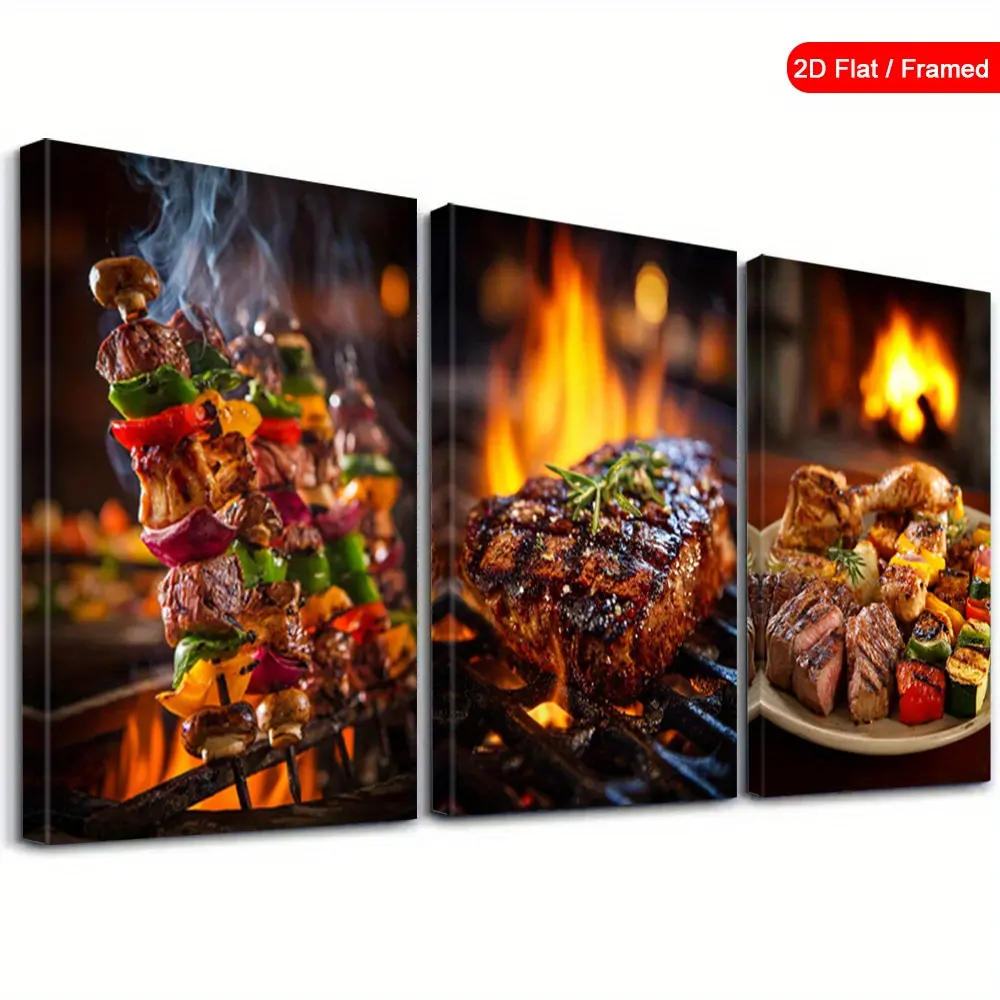 Artistic 3-Piece Framed Hot & Spicy Wall Art Set - Classic Canvas Prints, Modern Vegetable Skewers & Barbecue Meat Decor, Multi-Size Heart Landscape Design, Cozy Home Aesthetics for Kitchen Living Room, Father's Day Gift, Holiday
