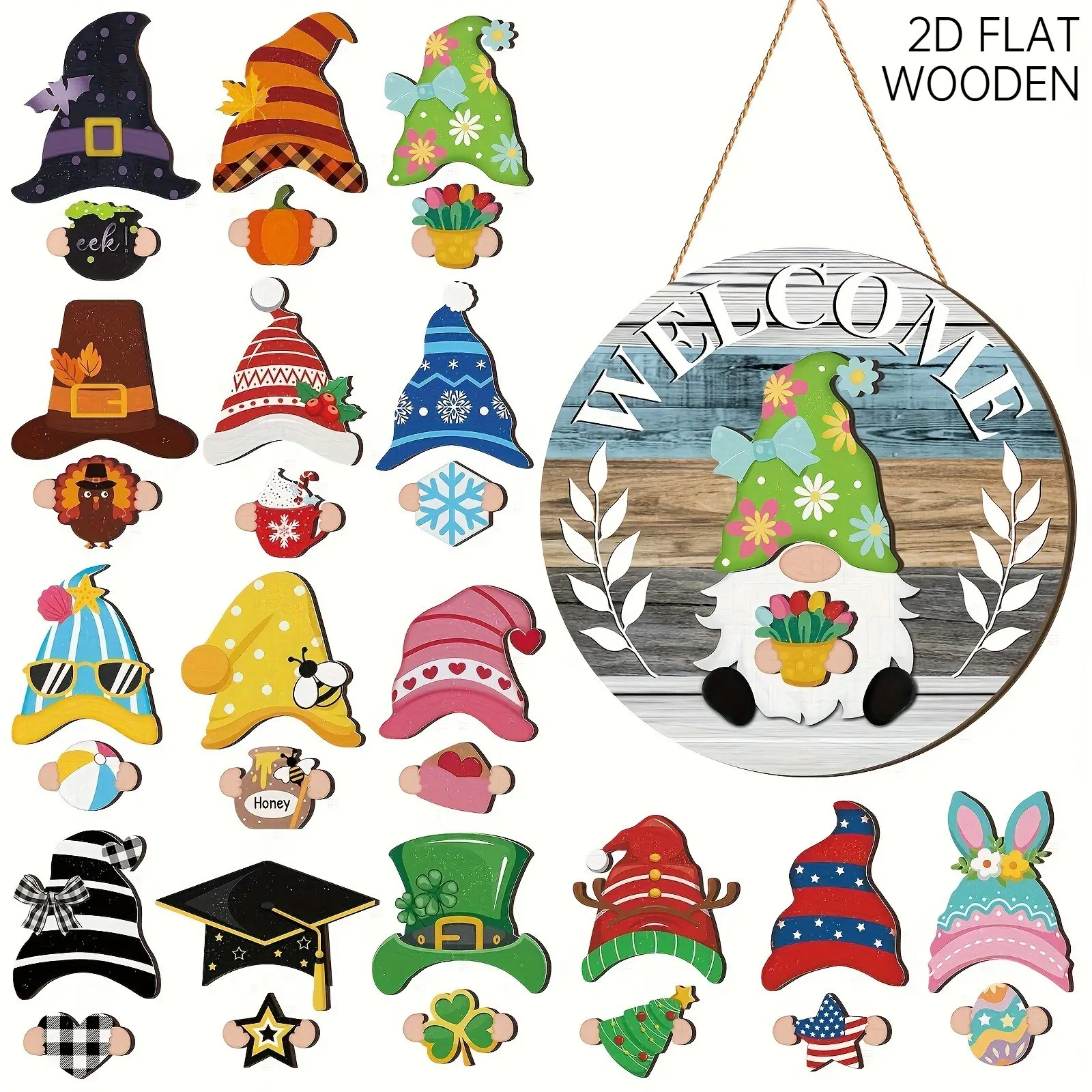 Interchangeable Wooden Gnome Wall Decor – Retro Magnetic Welcome Sign with Detachable Hats | All Season Farmhouse Front Door & Fridge Decor | Perfect for Christmas, Halloween, Thanksgiving & More - Changeable Holiday Gnome Decorations