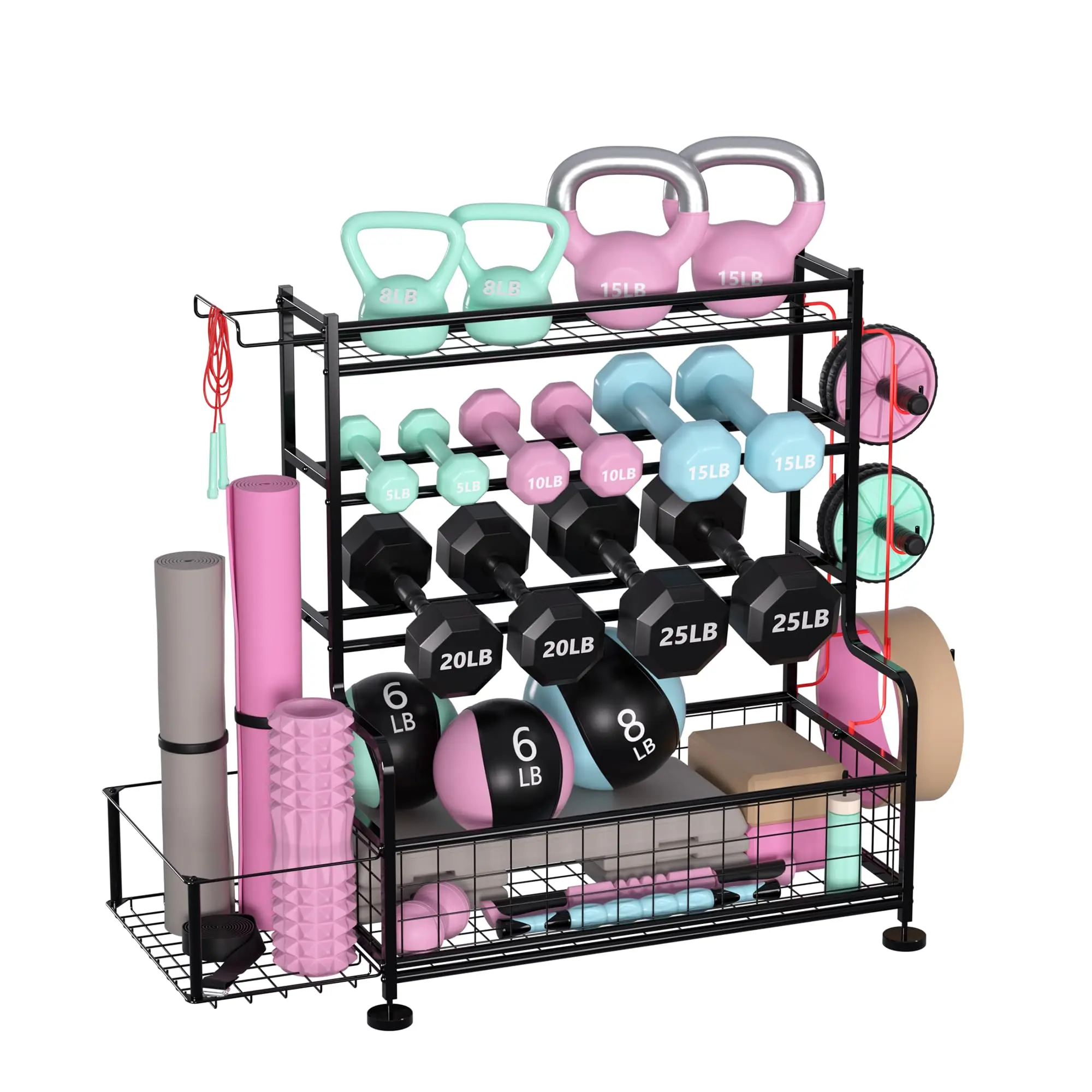 Home Gym Dumbbell Rack – Storage Organizer with Hooks – Holds Weights, Yoga Mats & Kettlebells – Powder Coated Steel