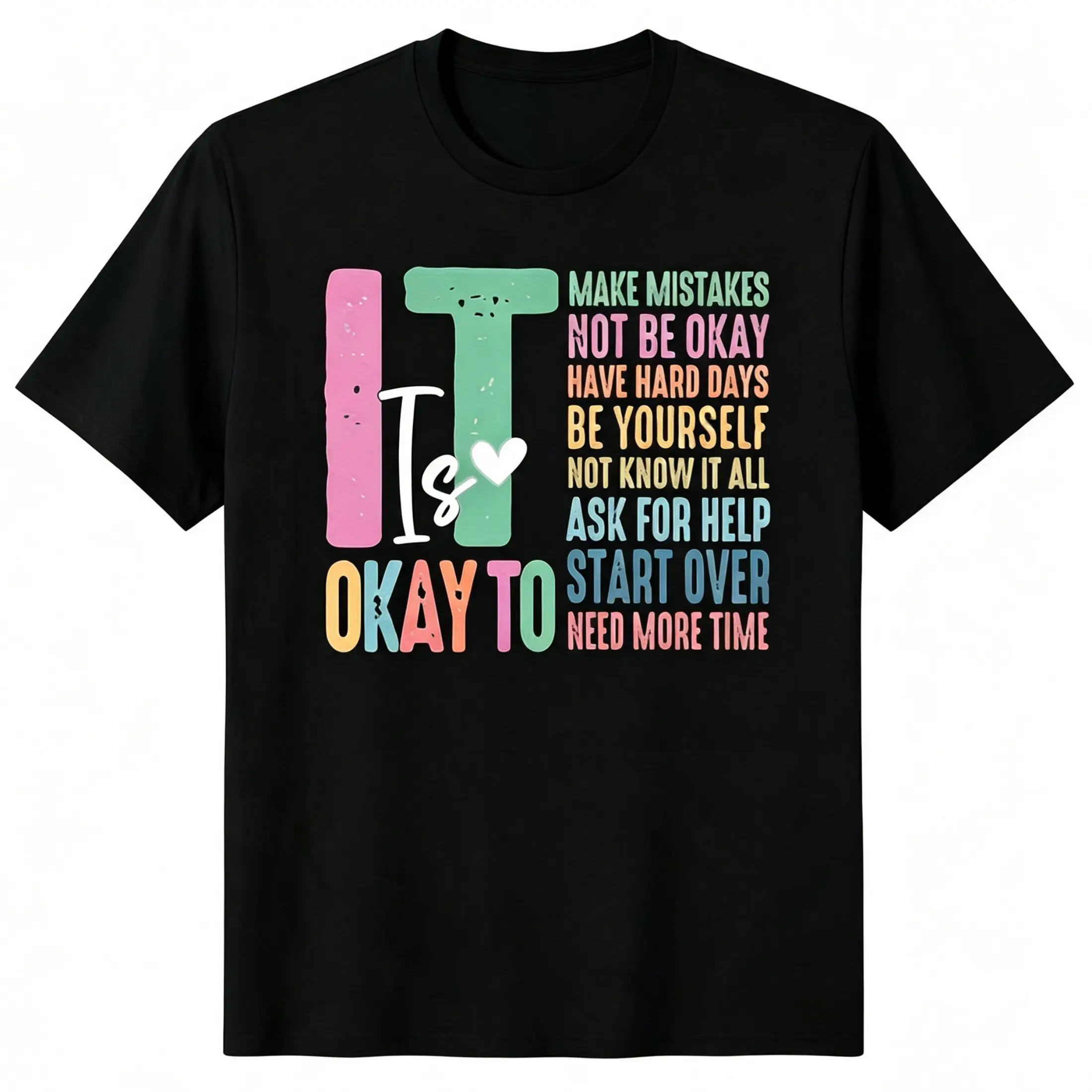 "It Is Okay To Make Mistakes" Colorful Positive Quote Unisex T-Shirt for Men & Women - Inspirational Kind-Minded Tee, Soft Cotton Crew Neck Short Sleeve, Great for Daily & All-Season Wear, Encouraging Gift, Machine Washable