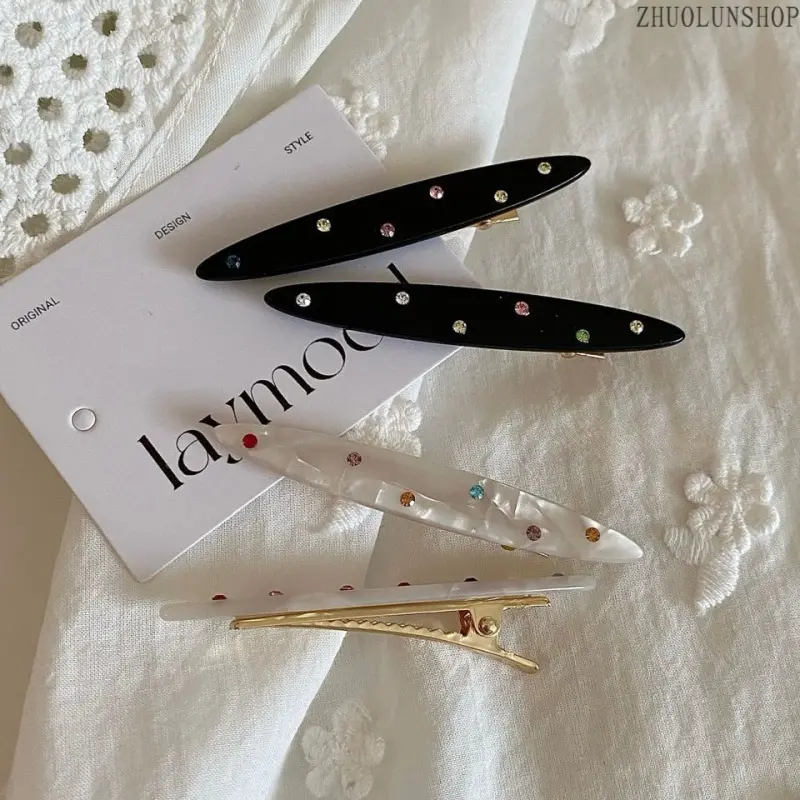 Oval Hair Clips Set, Black Translucent Colorful Rhinestone Side Barrettes, Bangs Clip