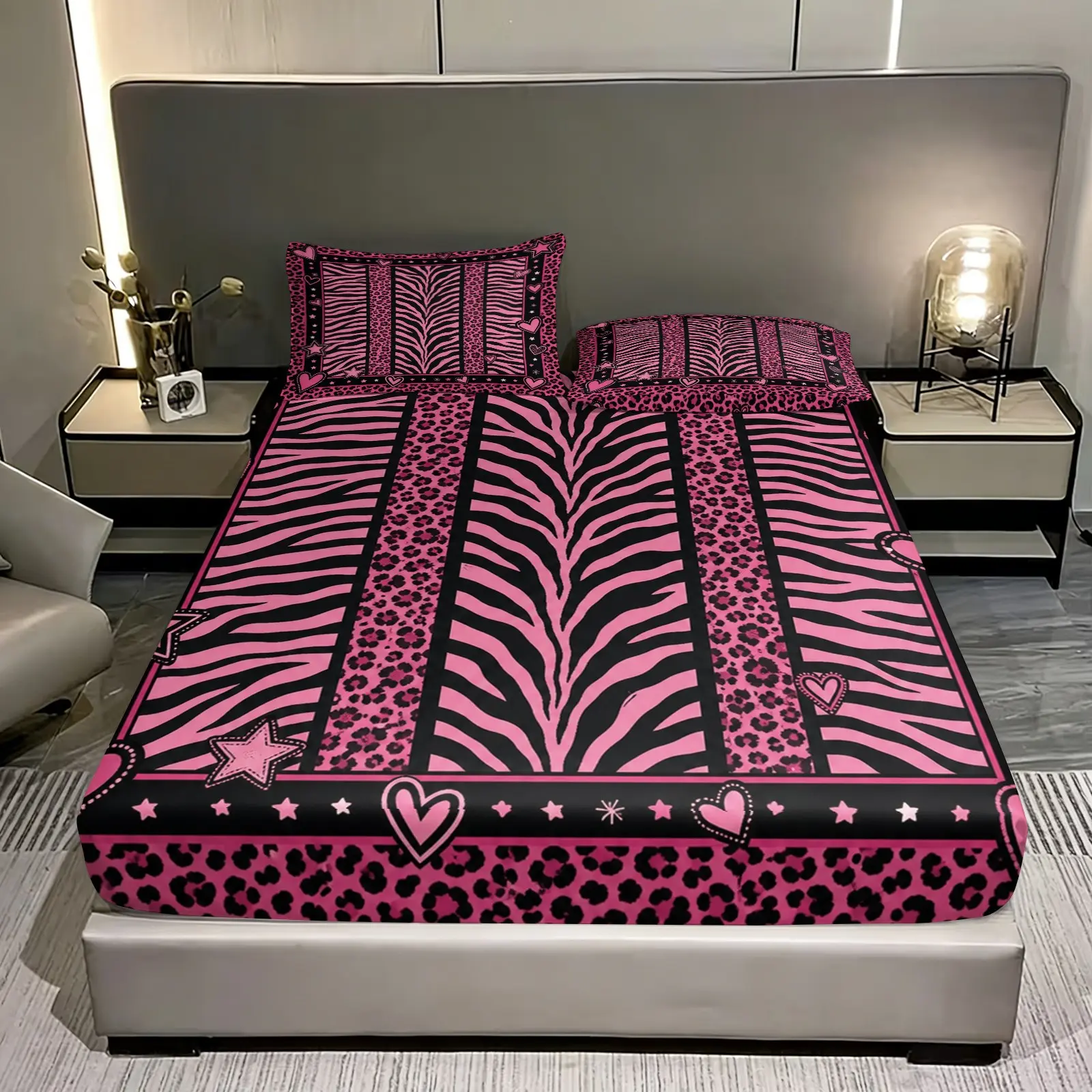 3pc Pink Black Zebra Leopard Print Bed Sheet Set, Bed linens, 25cm deep pocket, includes 1 bed sheet and 2 pillowcases (without padding), single, double beds, suitable as holiday gifts, suitable for bedrooms, dormitories